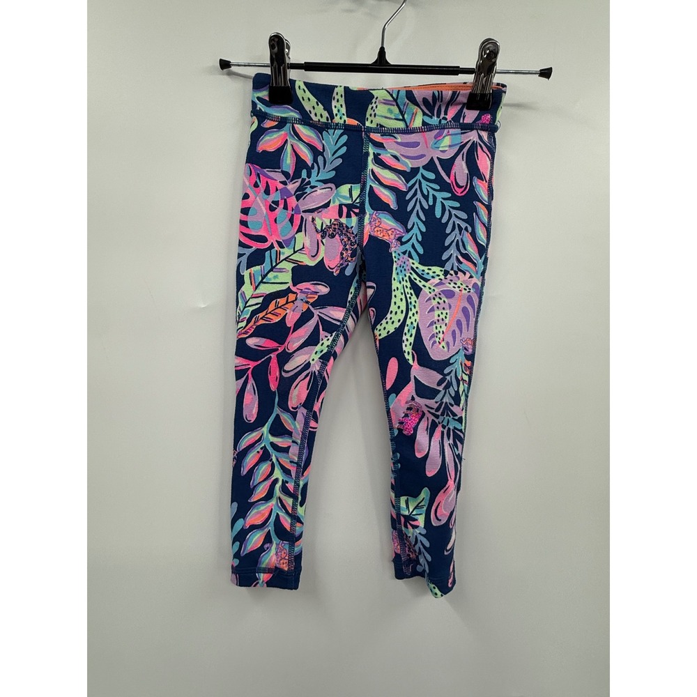 Lilly Pulitzer XS 2-3 Luxletic Leggings Girls Navy Pink Tropical Floral Print